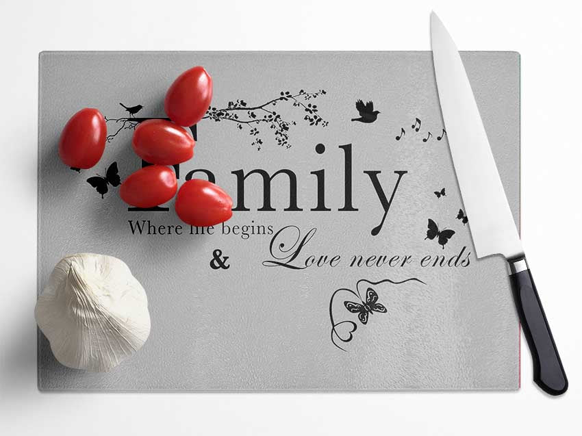 Family Quote Family Where Life Begins Grey Glass Chopping Board