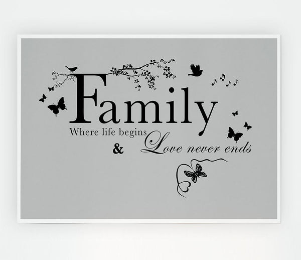 Family Quote Family Where Life Begins Grey Print Poster Wall Art