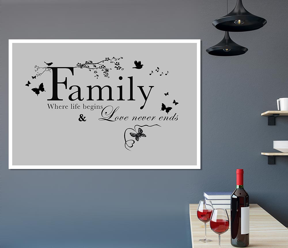 Family Quote Family Where Life Begins Grey Print Poster Wall Art