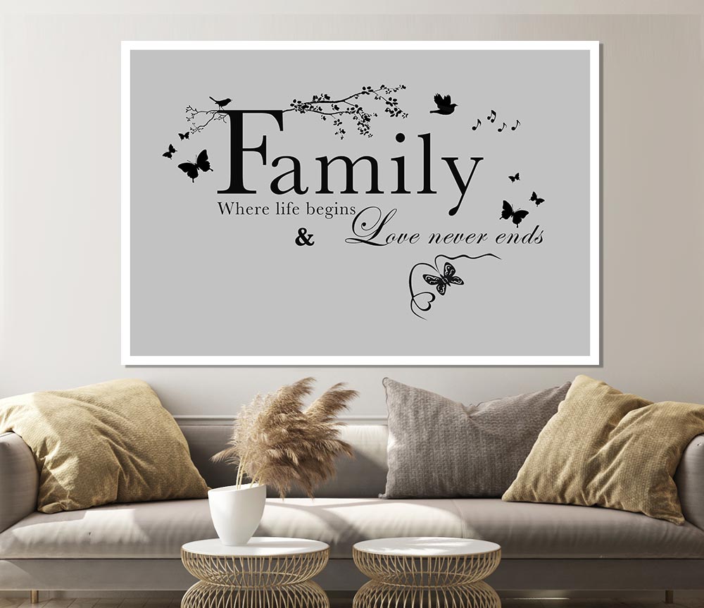 Family Quote Family Where Life Begins Grey Print Poster Wall Art