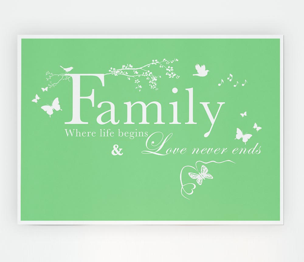 Family Quote Family Where Life Begins Green Print Poster Wall Art