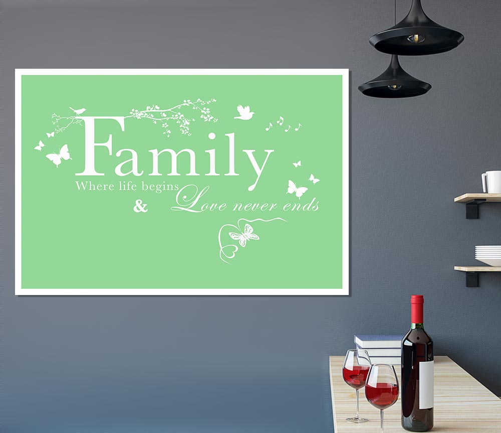 Family Quote Family Where Life Begins Green Print Poster Wall Art