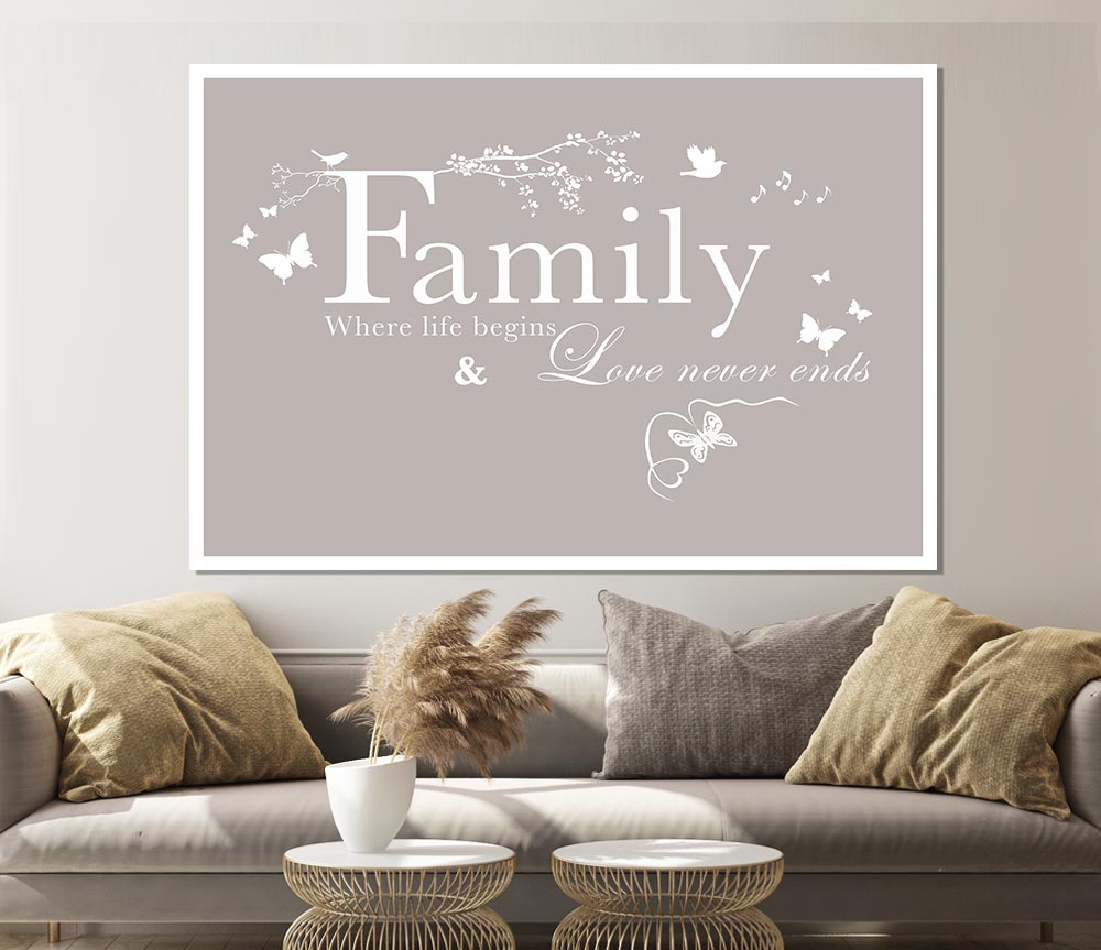 Family Quote Family Where Life Begins Beige Print Poster Wall Art