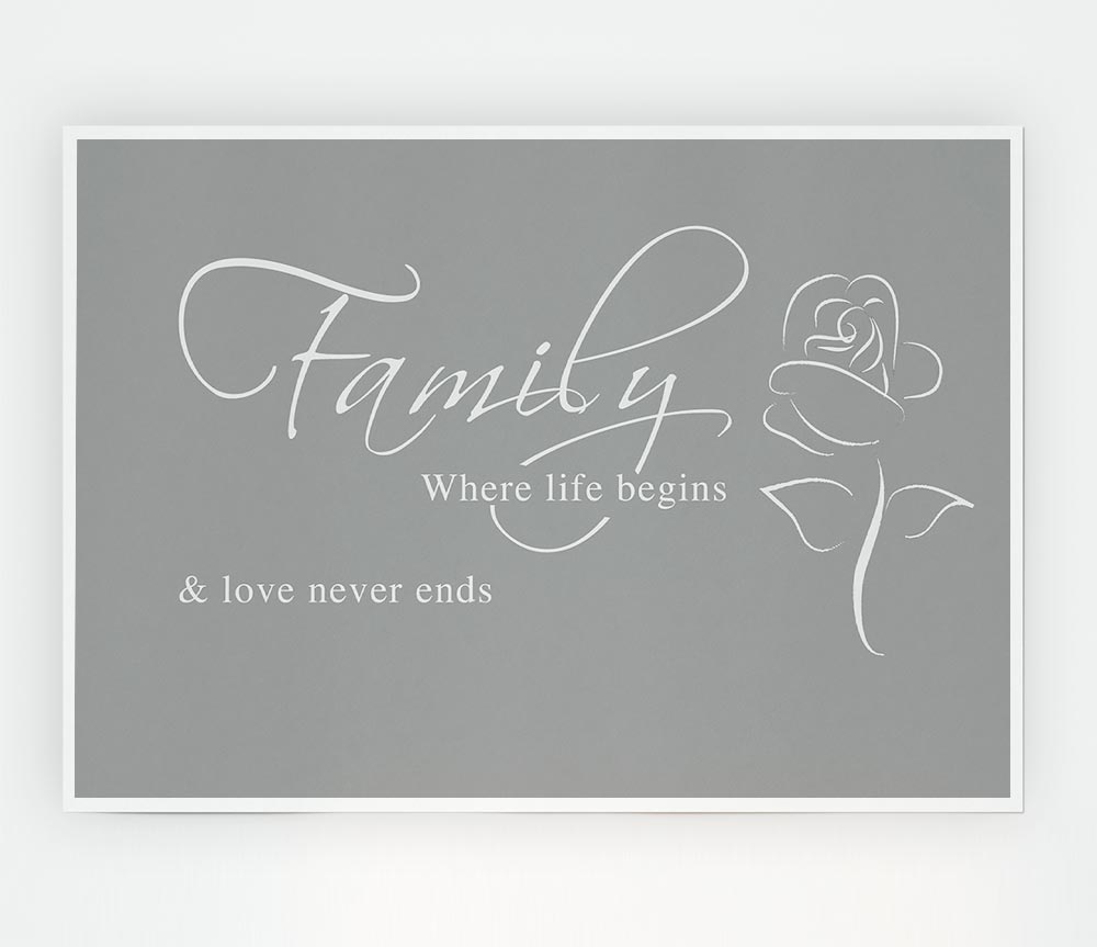 Family Quote Family Where Life Begins 1 Grey White Print Poster Wall Art