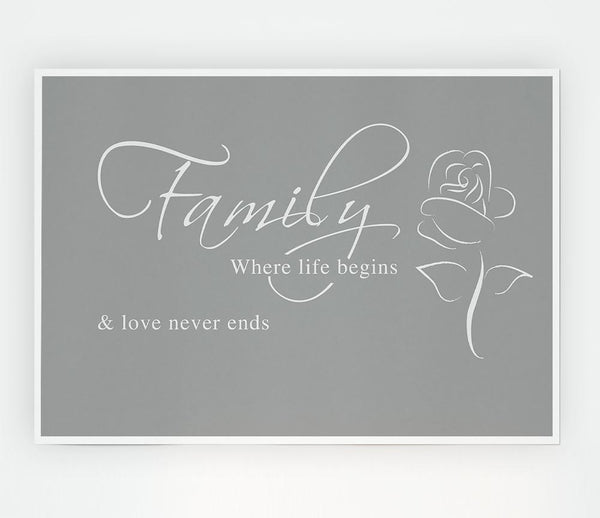 Family Quote Family Where Life Begins 1 Grey White Print Poster Wall Art