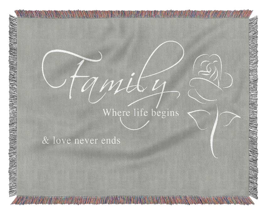 Family Quote Family Where Life Begins 1 Grey White Woven Blanket