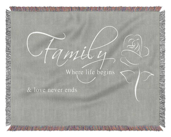 Family Quote Family Where Life Begins 1 Grey White Woven Blanket