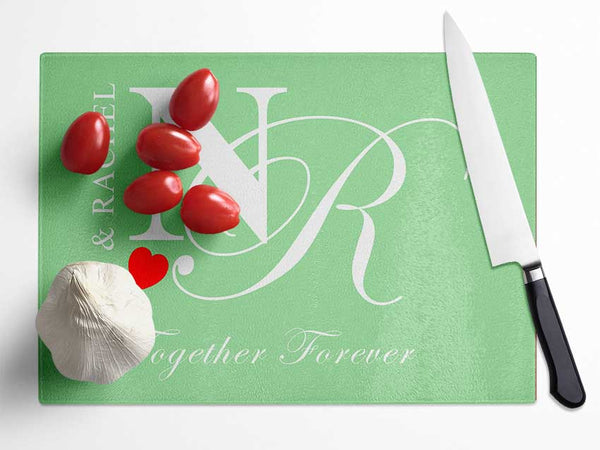 Your Names And Initials Together Forever Green Glass Chopping Board