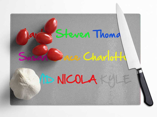 Your Name In A Choice Of Colours Grey White Glass Chopping Board