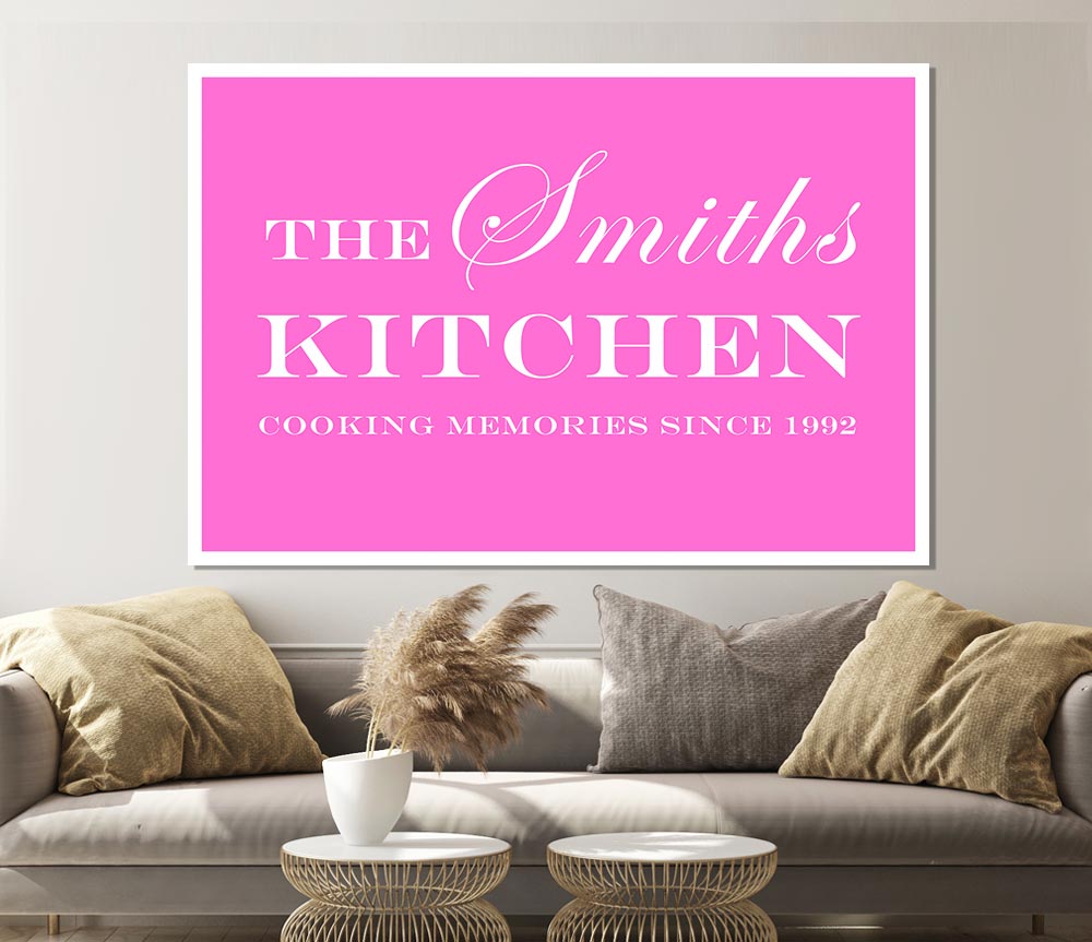 Kitchen Quote Your Family Name And Date Kitchen Vivid Pink Print Poster Wall Art