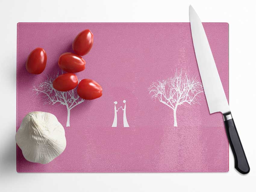 Love Between The Trees And Moon Pink Glass Chopping Board