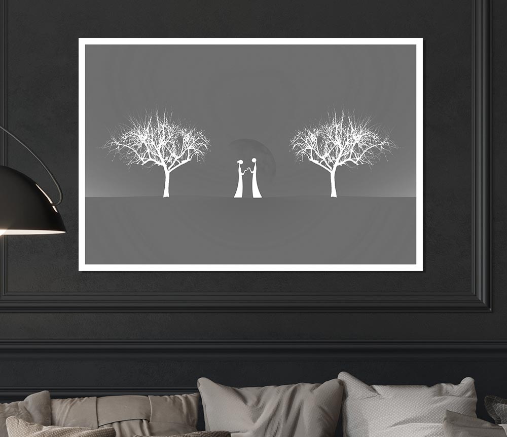 Love Between The Trees And Moon Grey Print Poster Wall Art