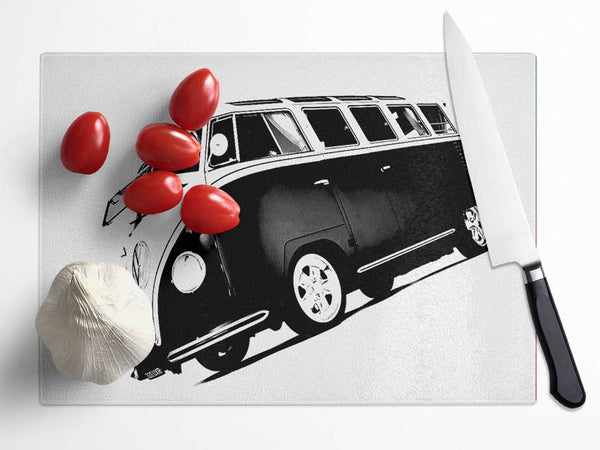 VW Camper Van Black n White Glass Chopping Board