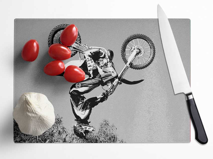 Motorcross Freestyle Upside Down Flip B n W Glass Chopping Board