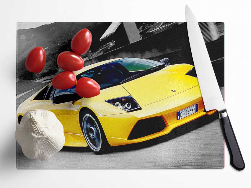 Lamborghini On The Move Yellow Glass Chopping Board