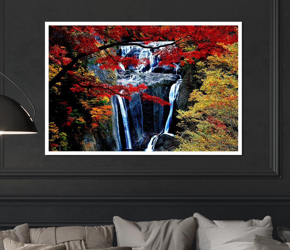 Waterfall Autumn Print Poster Wall Art