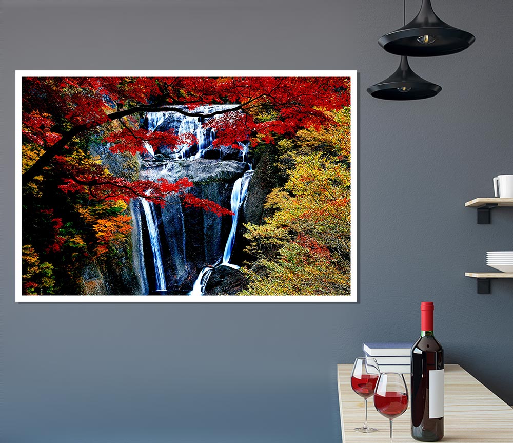 Waterfall Autumn Print Poster Wall Art