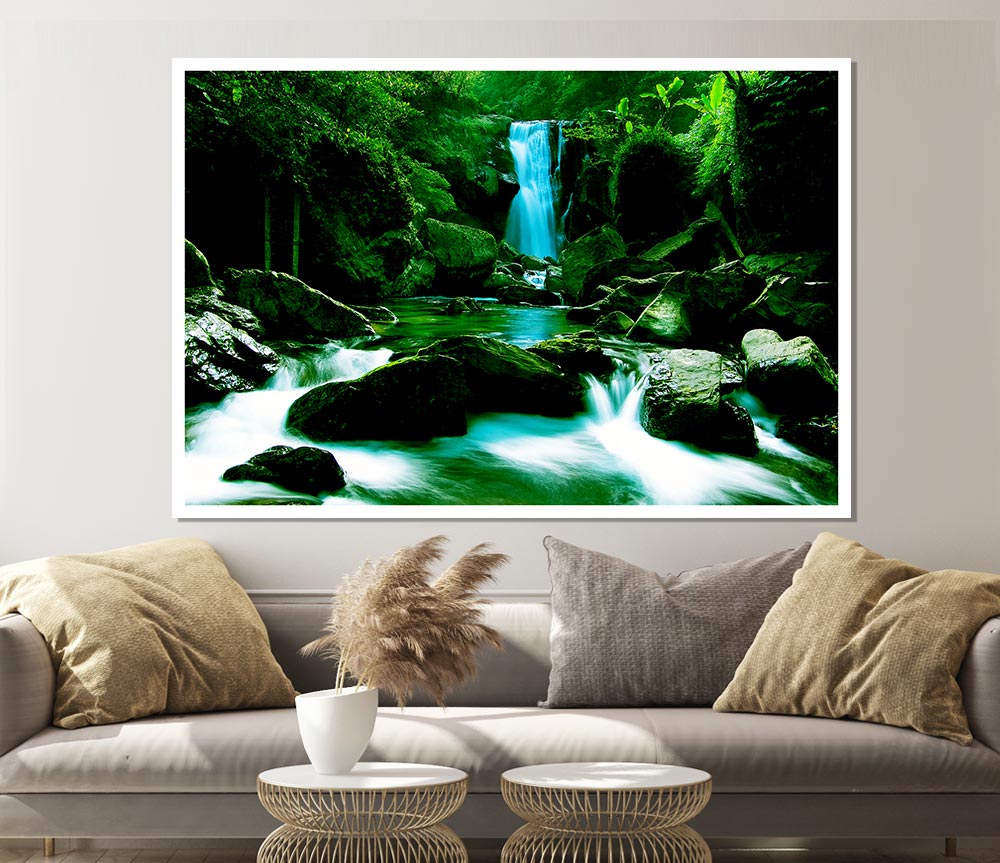 The Waterfall Flows Over The Rocks Print Poster Wall Art