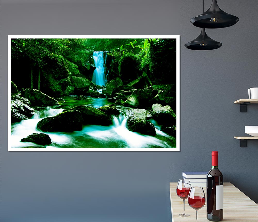 The Waterfall Flows Over The Rocks Print Poster Wall Art