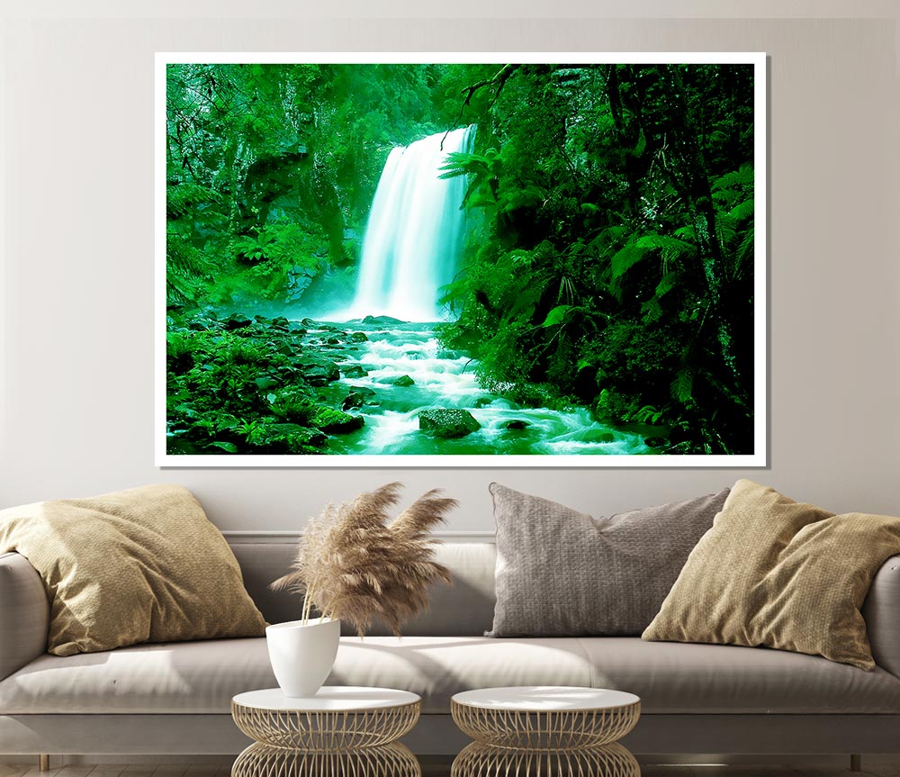 Green Forest Waterfall Print Poster Wall Art