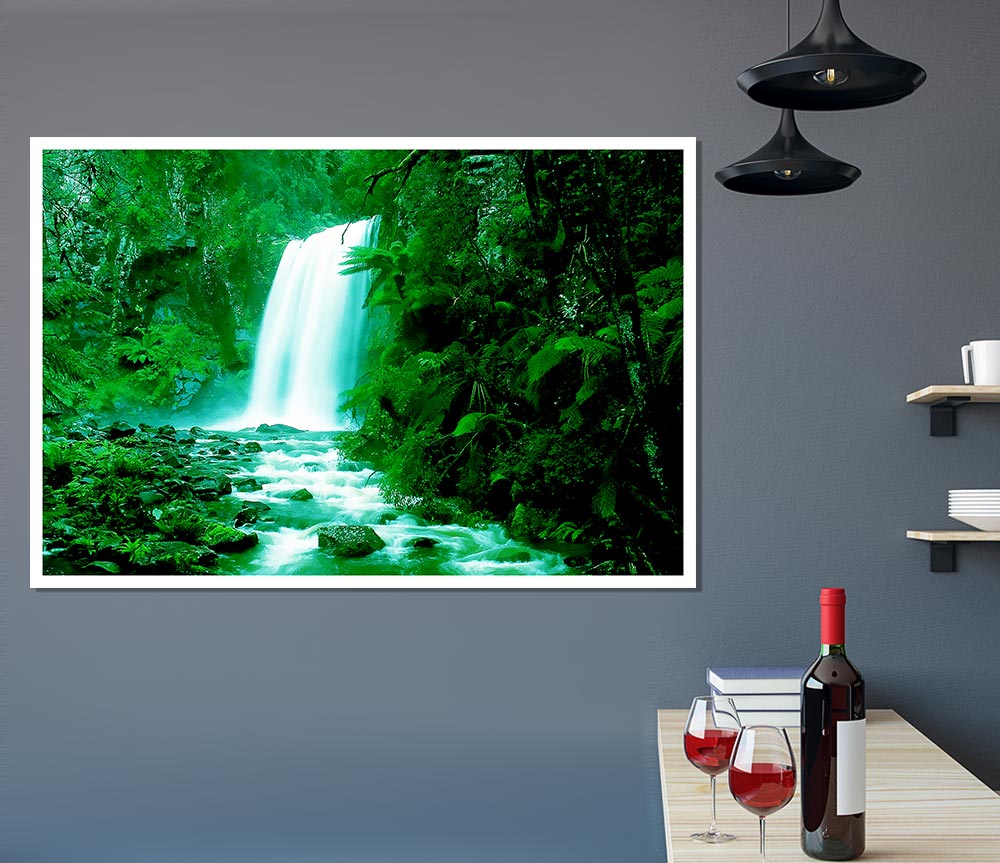 Green Forest Waterfall Print Poster Wall Art