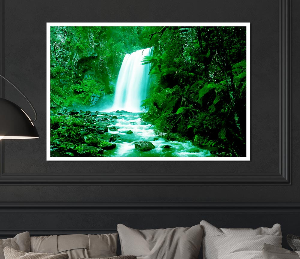 Green Forest Waterfall Print Poster Wall Art