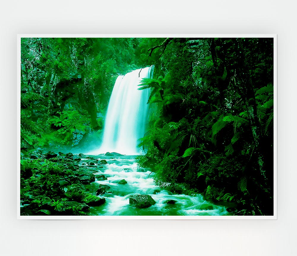 Green Forest Waterfall Print Poster Wall Art