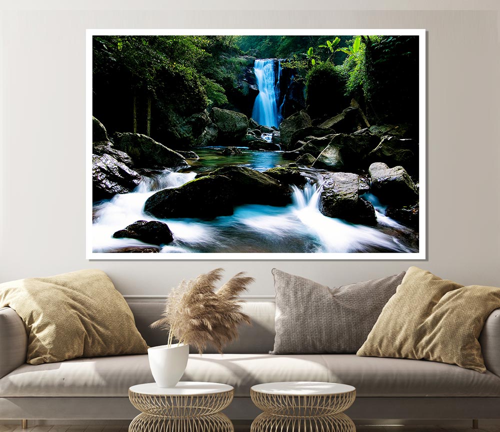 Enchanted Blue Waterfall Forest Flows Print Poster Wall Art