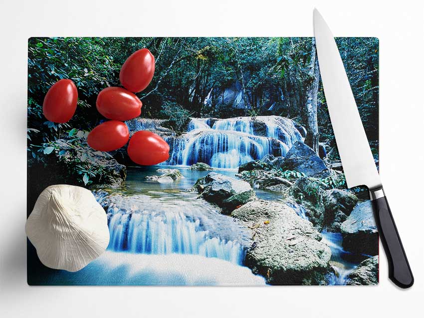 Rocky Waterfall Woodland Glass Chopping Board