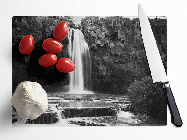 Hidden Woodland Waterfall Rocks B n W Glass Chopping Board