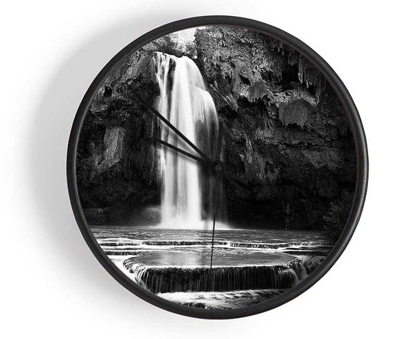 Hidden Woodland Waterfall Rocks B n W Clock - Wallart-Direct UK