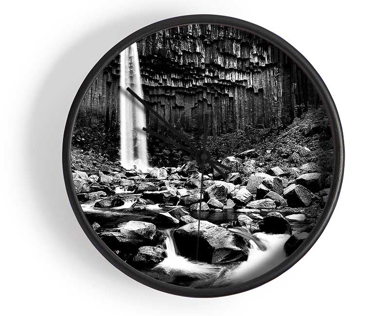 Waterfall Valley Rocks B n W Clock - Wallart-Direct UK