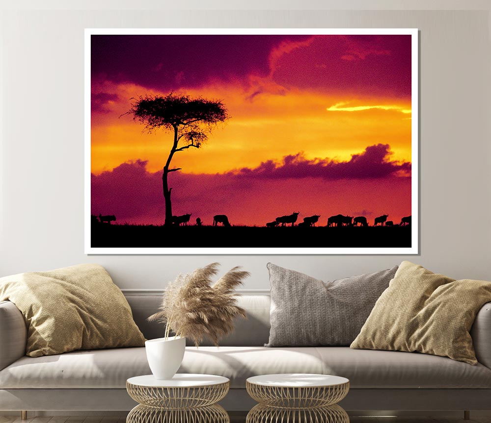 African Safari Sunset Print Poster Wall Art