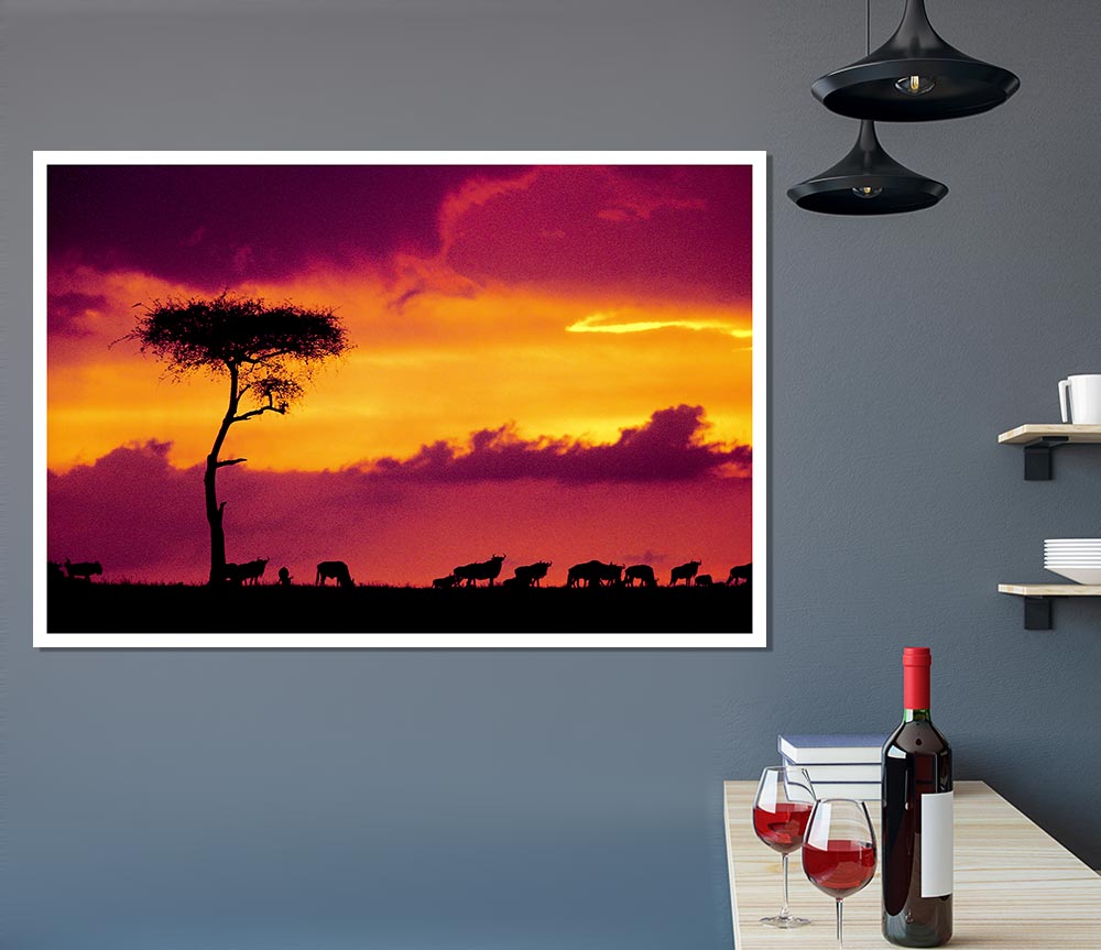 African Safari Sunset Print Poster Wall Art