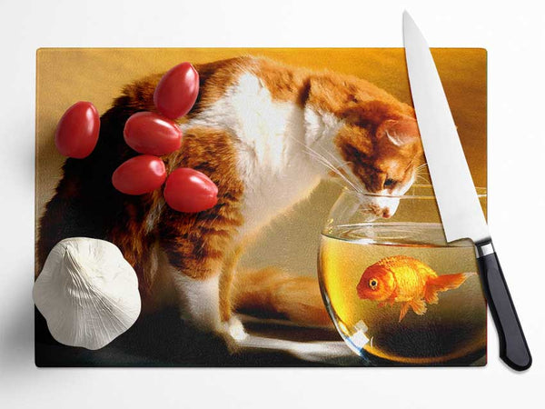 Cat And Fish Glass Chopping Board