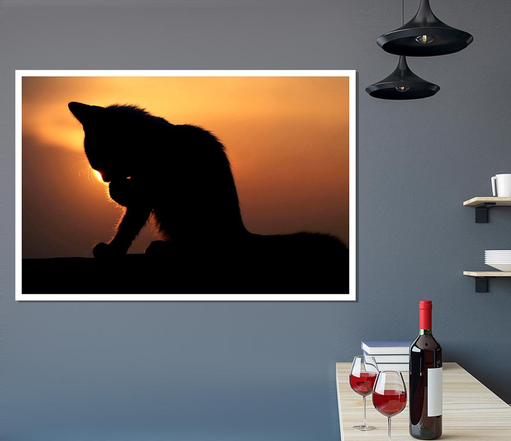 Cat In The Sunset Print Poster Wall Art