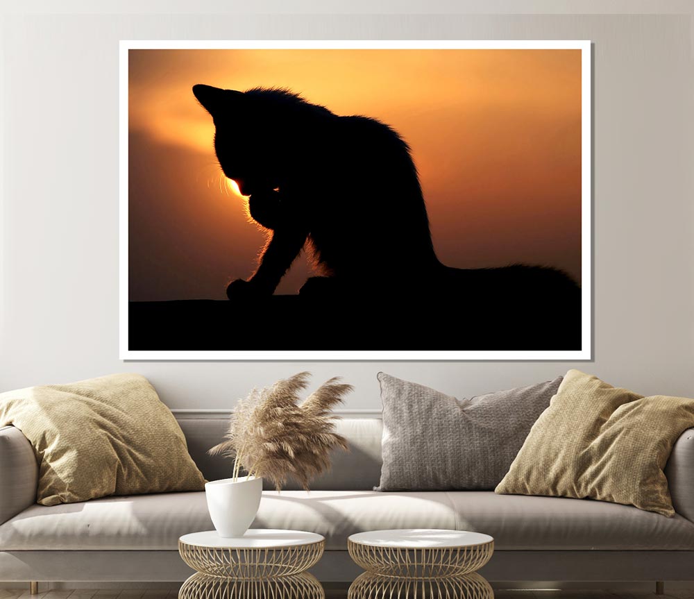 Cat In The Sunset Print Poster Wall Art