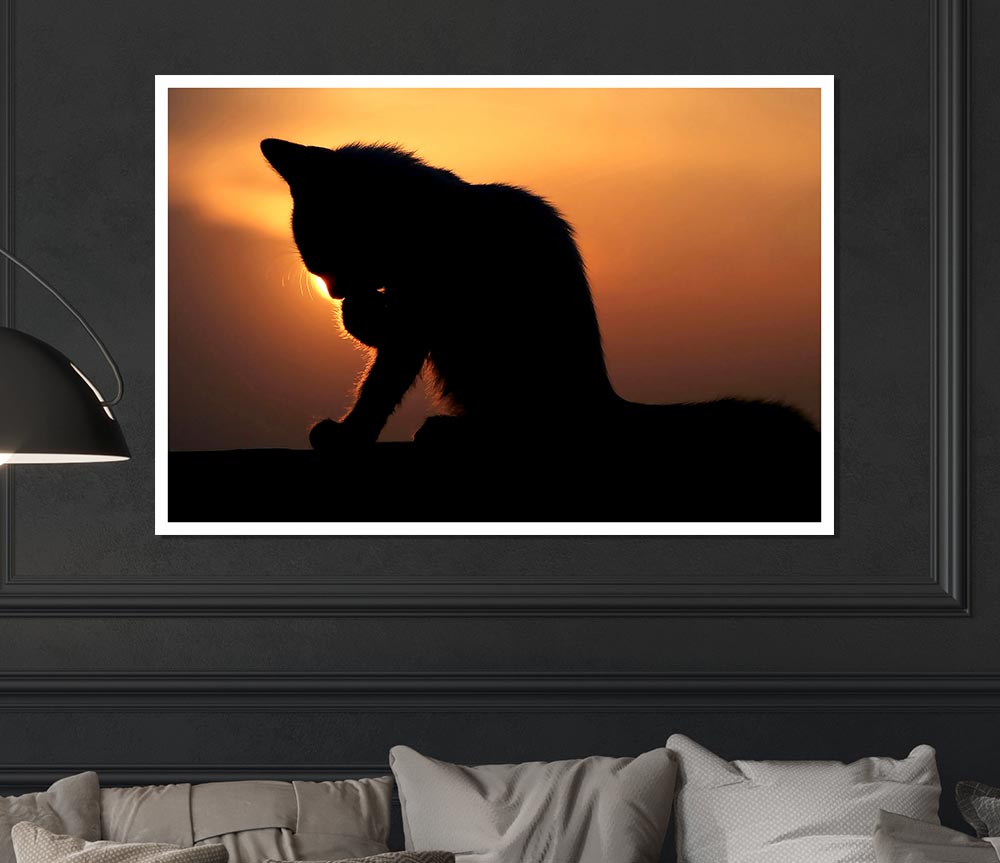 Cat In The Sunset Print Poster Wall Art