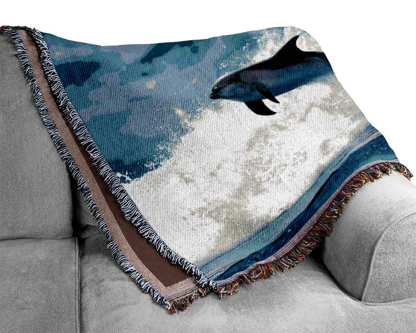 Dolphin Jumping In The Sea Woven Blanket