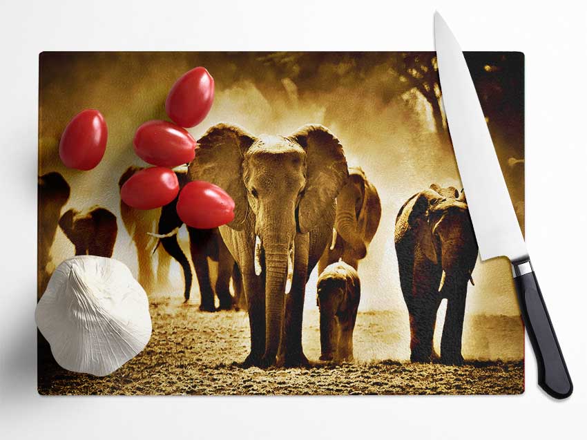 Elephant Stampede Glass Chopping Board