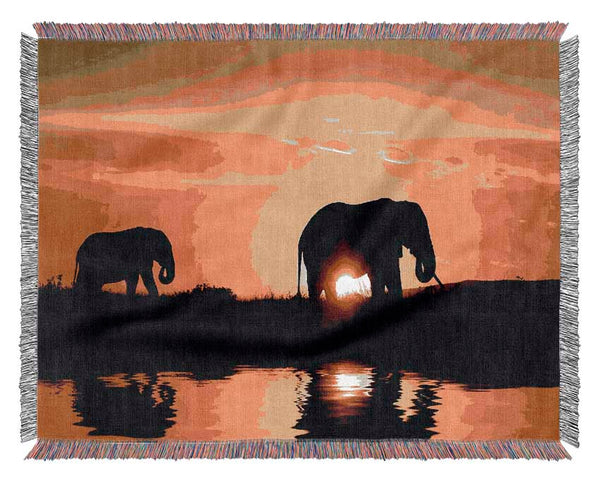 Elephants Watering Hole Woven Blanket