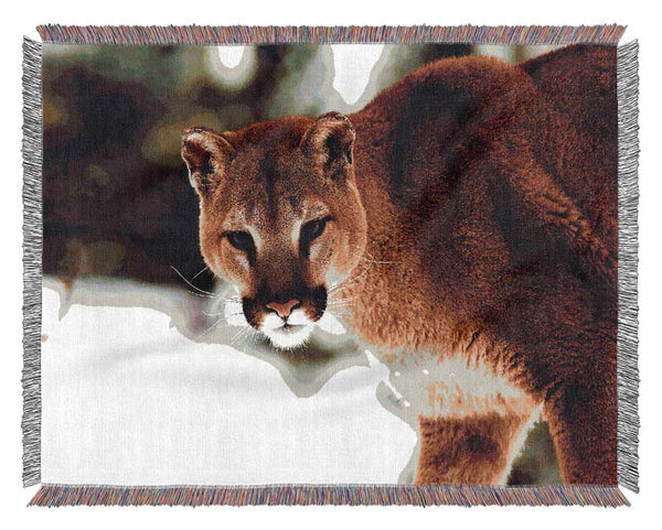 Florida Panther In The Snow Woven Blanket