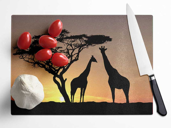 Giraffes At Sunset Glass Chopping Board