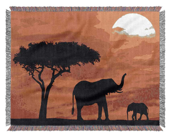 Mother And Baby Elephant Silhouetted At Sunrise Kenya Woven Blanket