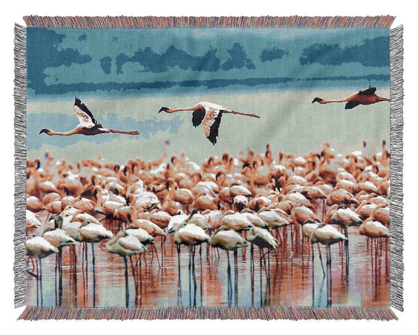 Pink Flamingos In Flight Woven Blanket