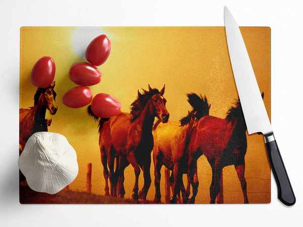 Running Horses At Sunset Glass Chopping Board