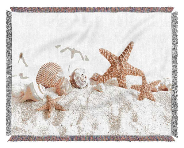 Seashells And Starfish On The Beach Woven Blanket