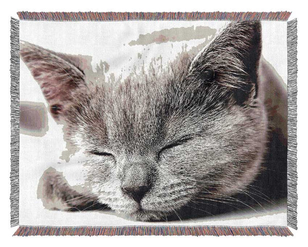 Sleepy Grey Kitten Woven Blanket