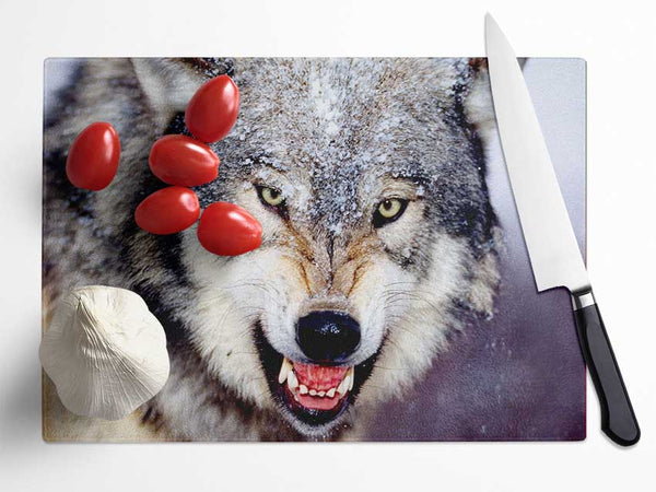 Snarling Gray Wolf Glass Chopping Board