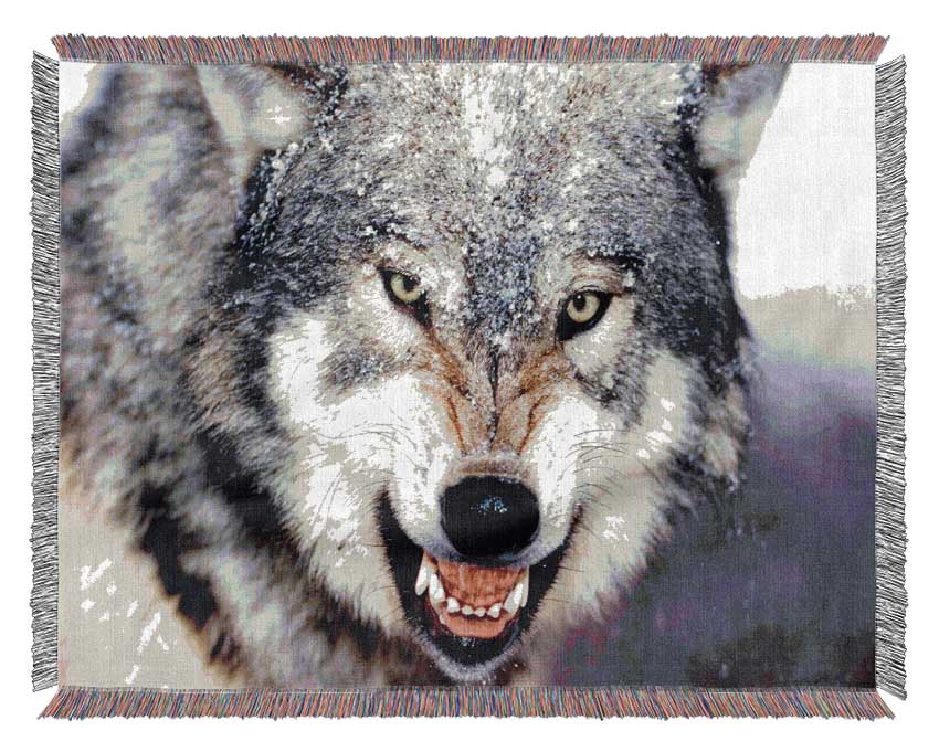 Snarling Gray Wolf Woven Blanket